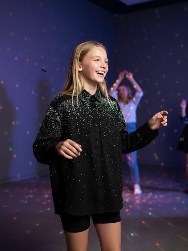 Kız Çocuk Tasarım Taşlı Saten Gömlek