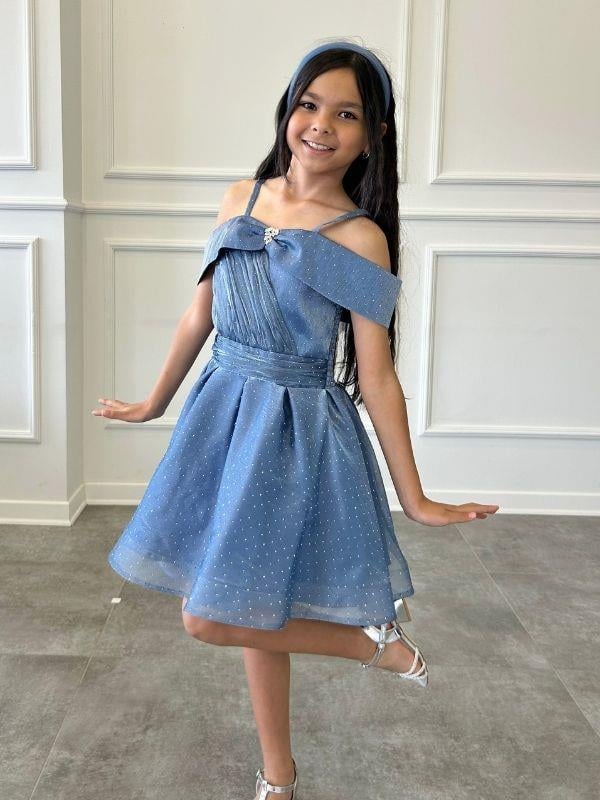 Kız Çocuk Taşlı Prenses Kol Tasarım Abiye Elbise