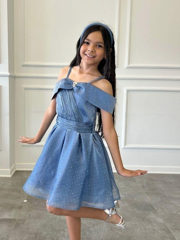 Kız Çocuk Taşlı Prenses Kol Tasarım Abiye Elbise