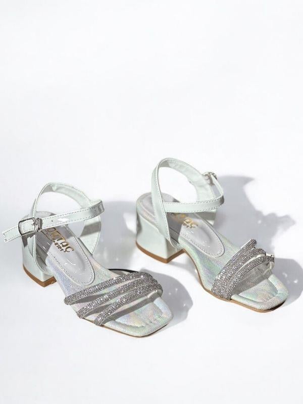 Kız Çocuk Taşlı Üç Bantlı Tasarım Topuklu Abiye Ayakkabı