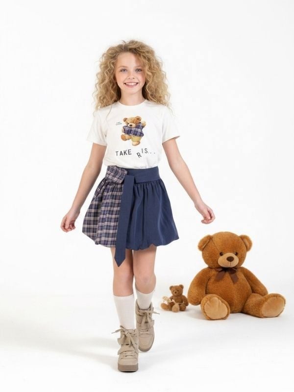 Kız Çocuk Teddy Bear Baskılı İkili Tasarım Şortlu Takım
