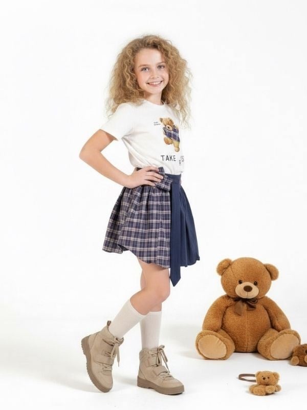 Kız Çocuk Teddy Bear Baskılı İkili Tasarım Şortlu Takım
