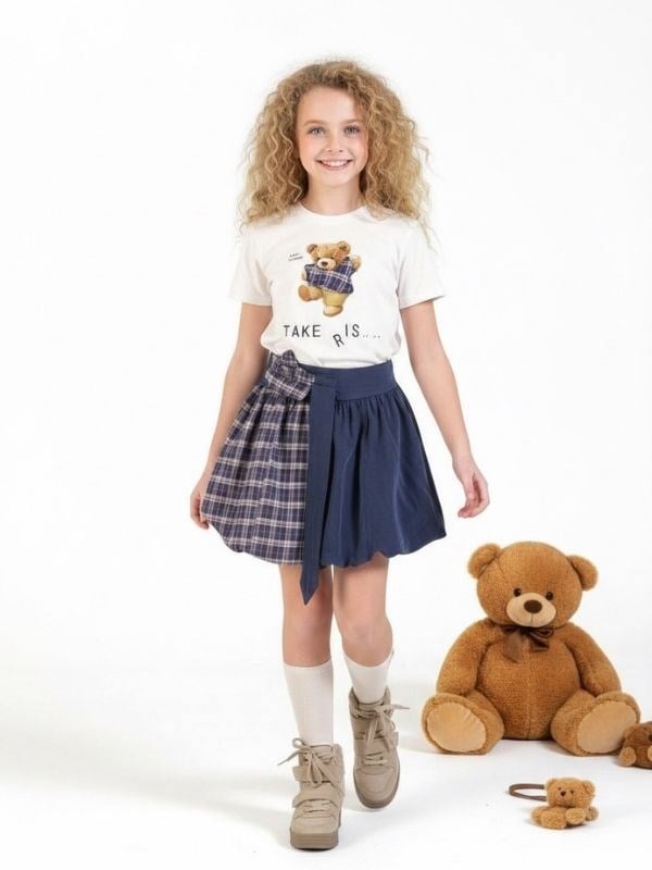 Kız Çocuk Teddy Bear Baskılı İkili Tasarım Şortlu Takım