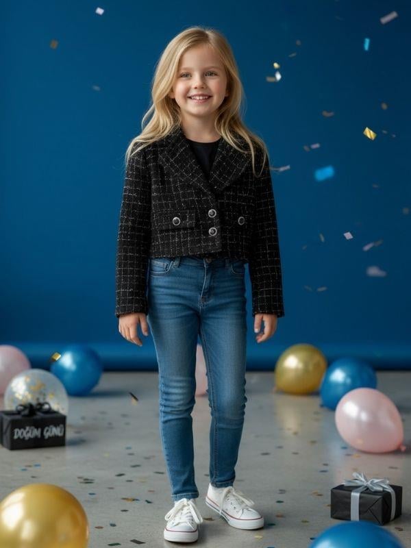 Kız Çocuk Tüvit Simli Crop Ceket