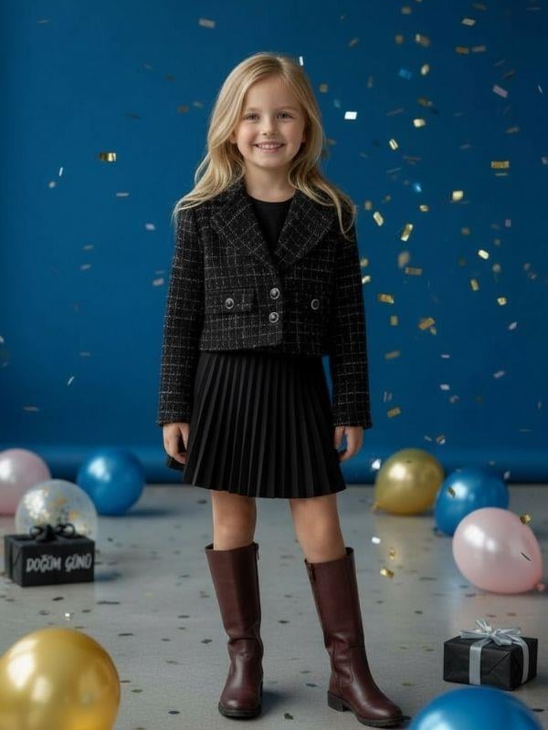 Kız Çocuk Tüvit Simli Crop Ceket