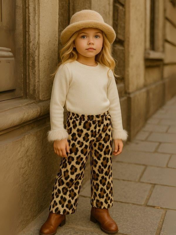 Kız Çocuk Tüylü Yumuşak Dokulu Leopar Desenli Pantolon