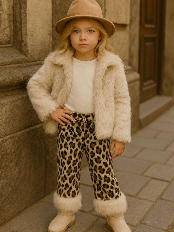 Kız Çocuk Tüylü Yumuşak Dokulu Leopar Desenli Pantolon