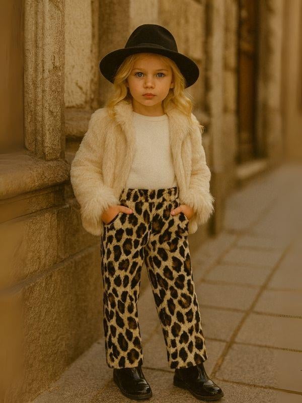 Kız Çocuk Tüylü Yumuşak Dokulu Leopar Desenli Pantolon