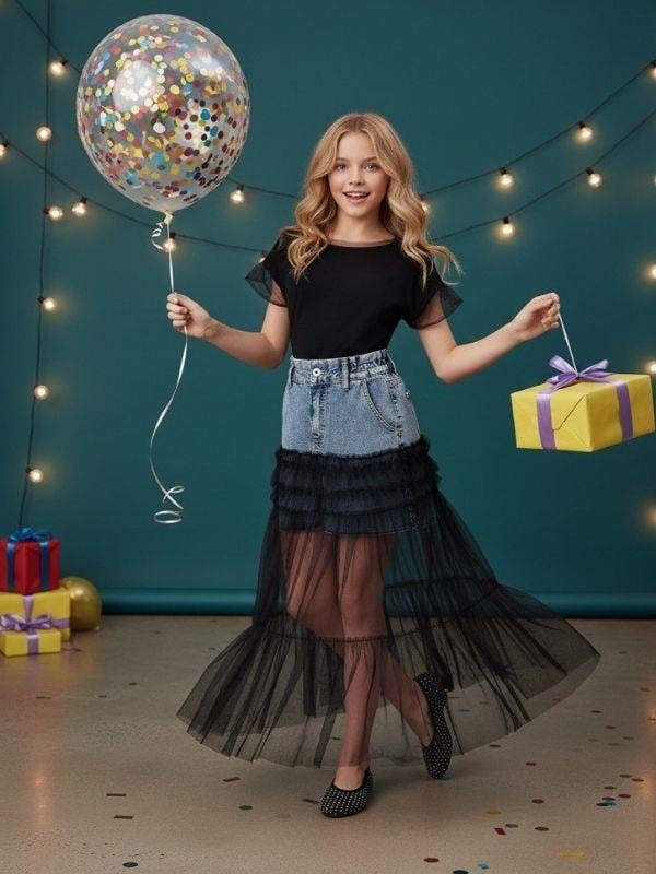 Kız Çocuk Uzun Tül Detaylı Denim Tasarım Şort Etek