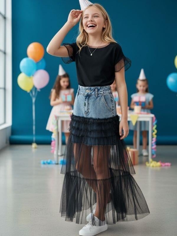 Kız Çocuk Uzun Tül Detaylı Denim Tasarım Şort Etek
