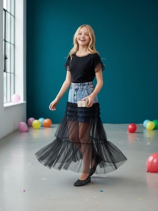 Kız Çocuk Uzun Tül Detaylı Denim Tasarım Şort Etek