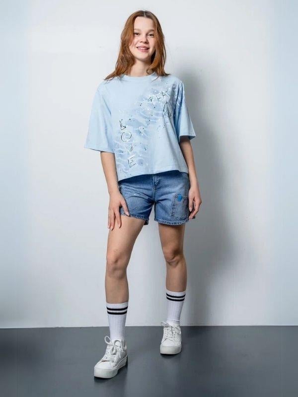 Kız Çocuk Varak Desenli Kot Şort