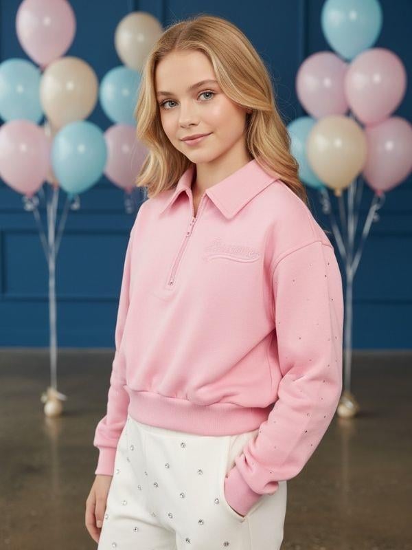 Kız Çocuk Yakası Fermuarlı Kolları Taş İşlemeli Tasarım Sweatshirt