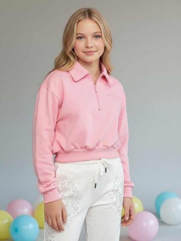 Kız Çocuk Yakası Fermuarlı Kolları Taş İşlemeli Tasarım Sweatshirt