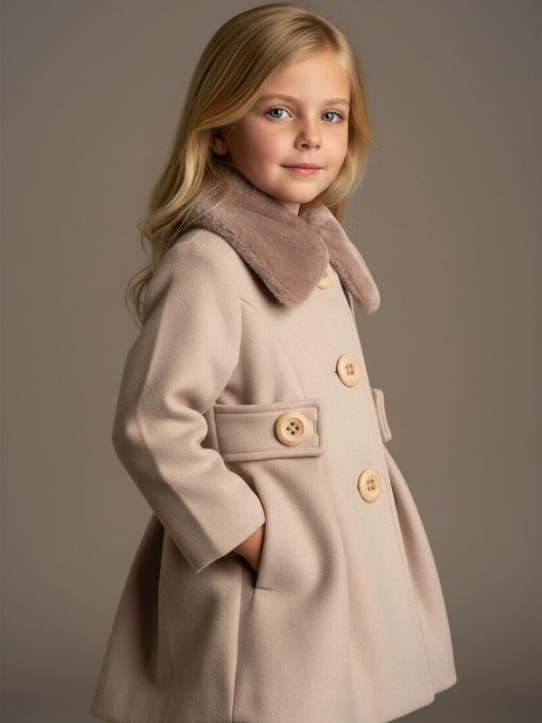 Kız Çocuk Yakası Kürklü Arka Fiyonklu Palto