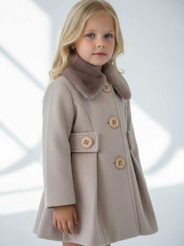 Kız Çocuk Yakası Kürklü Arka Fiyonklu Palto