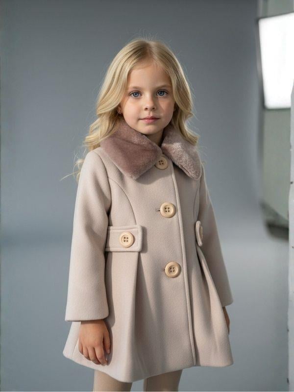 Kız Çocuk Yakası Kürklü Arka Fiyonklu Palto
