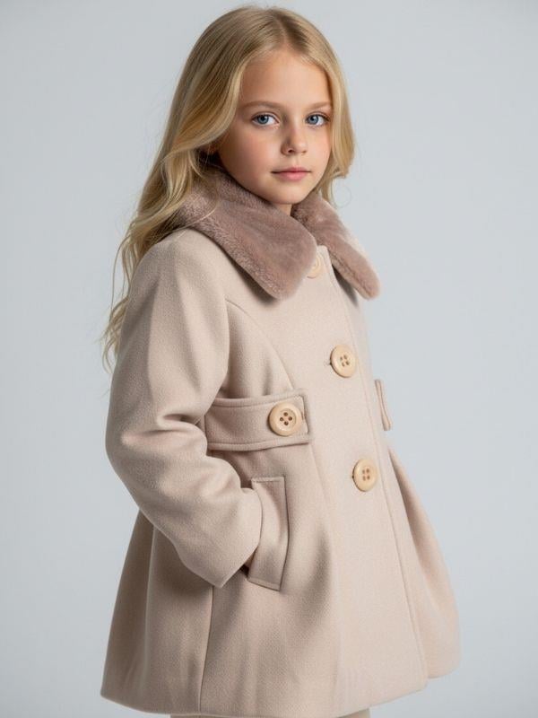 Kız Çocuk Yakası Kürklü Arka Fiyonklu Palto