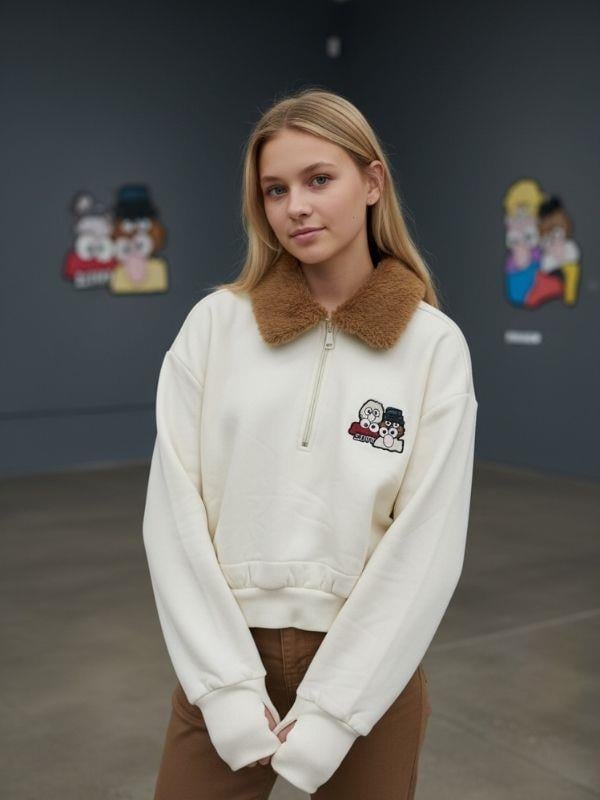 Kız Çocuk Yakası Tüylü Fermuarlı Parmak Geçirme Detaylı Tasarım Sweatshirt