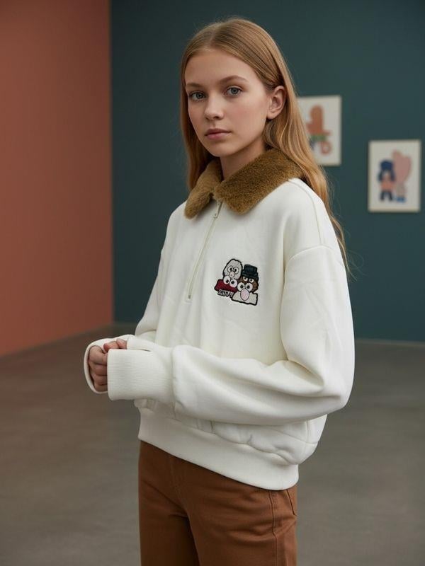 Kız Çocuk Yakası Tüylü Fermuarlı Parmak Geçirme Detaylı Tasarım Sweatshirt
