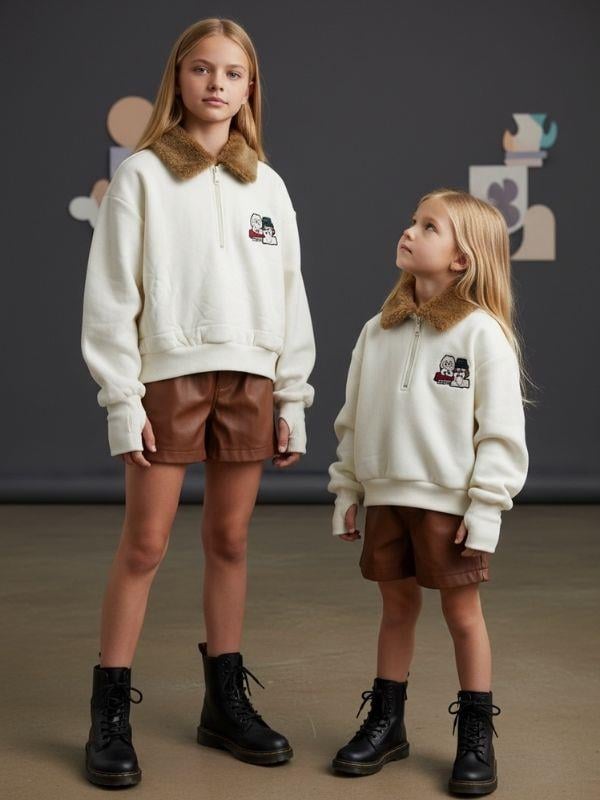 Kız Çocuk Yakası Tüylü Fermuarlı Parmak Geçirme Detaylı Tasarım Sweatshirt