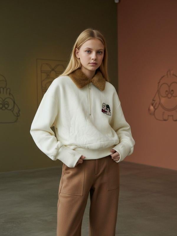 Kız Çocuk Yakası Tüylü Fermuarlı Parmak Geçirme Detaylı Tasarım Sweatshirt