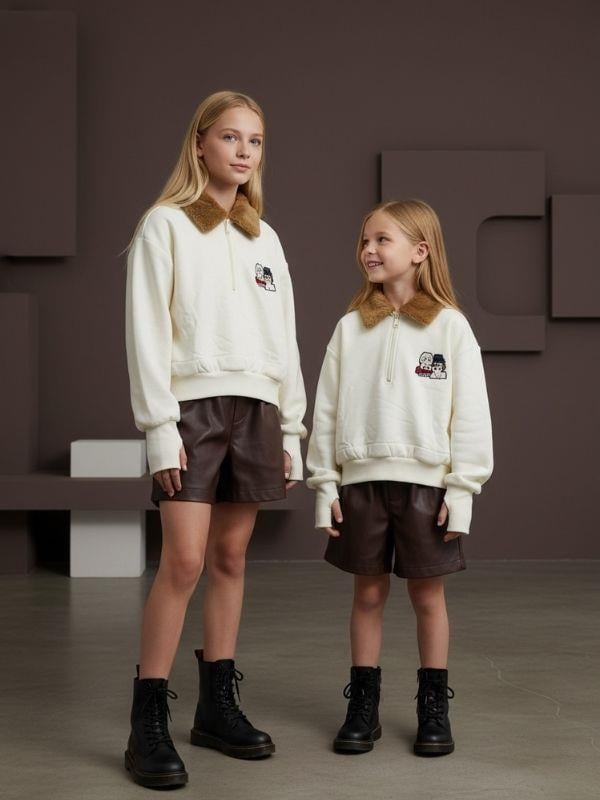 Kız Çocuk Yakası Tüylü Fermuarlı Parmak Geçirme Detaylı Tasarım Sweatshirt