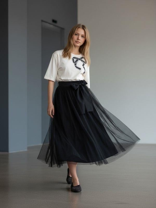 Kız Çocuk Yanları Şeritli Tasarım Uzun Tül Etek