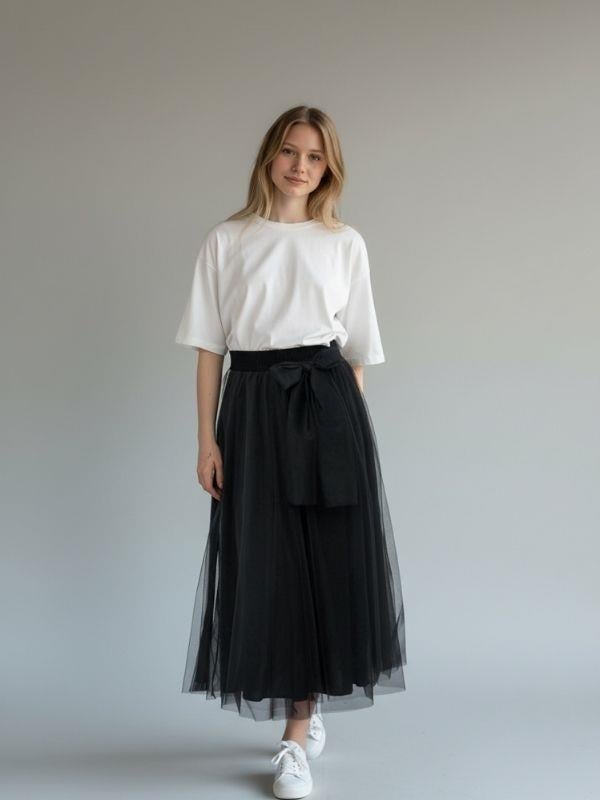 Kız Çocuk Yanları Şeritli Tasarım Uzun Tül Etek