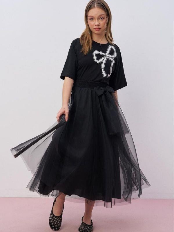 Kız Çocuk Yanları Şeritli Tasarım Uzun Tül Etek