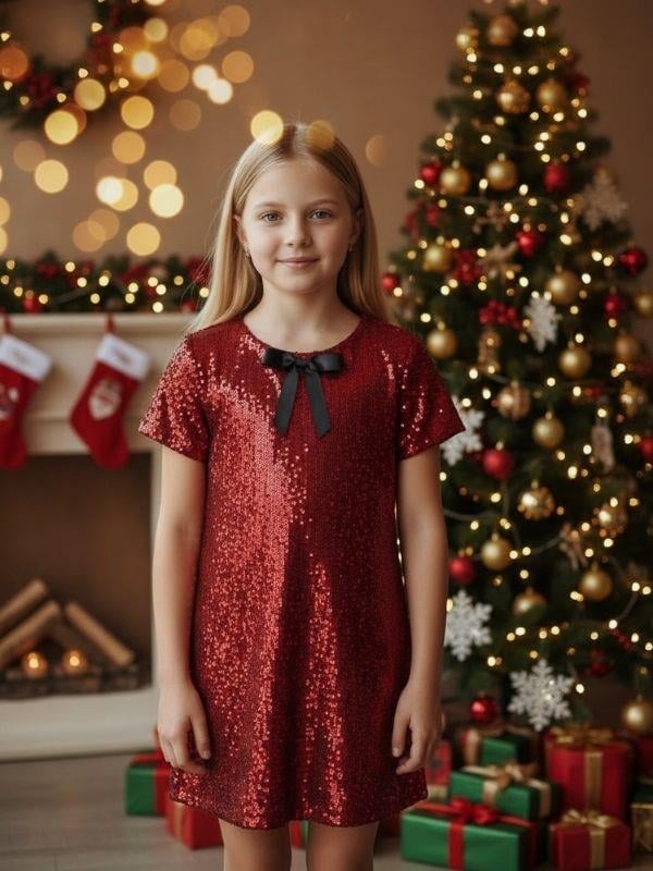 Kız Çocuk Yarım Kollu Fiyonk Detaylı Pul Payet Elbise