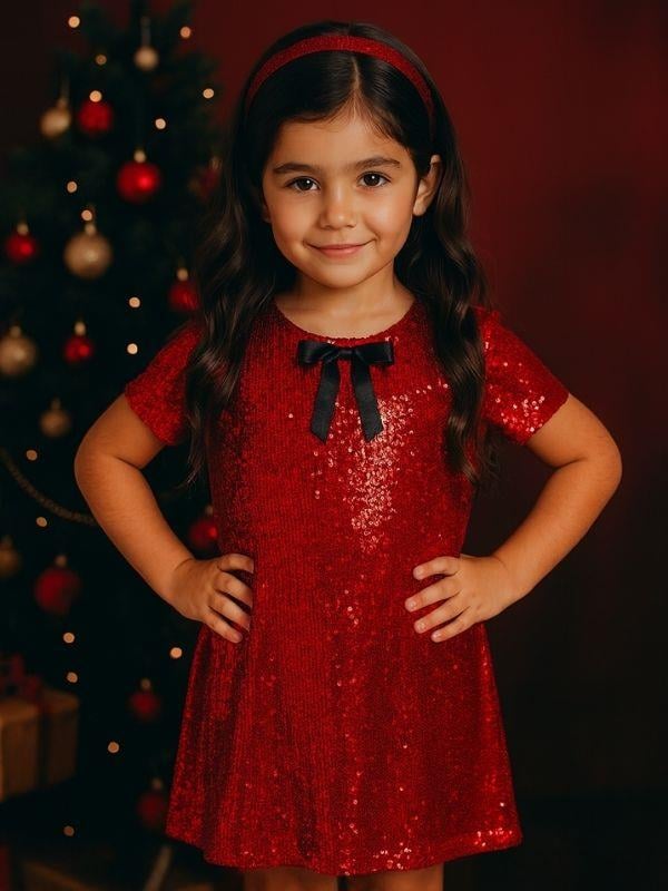 Kız Çocuk Yarım Kollu Fiyonk Detaylı Pul Payet Elbise