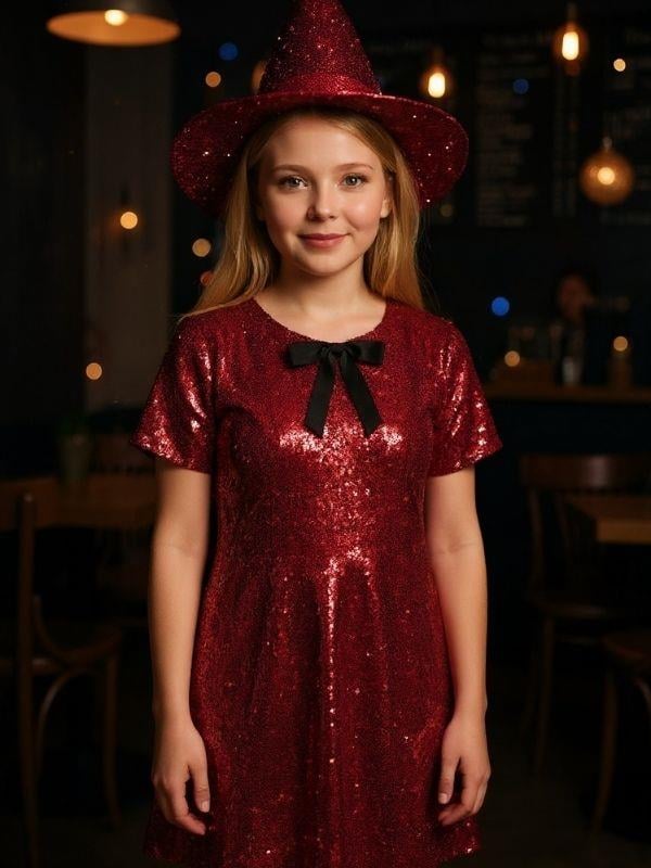 Kız Çocuk Yarım Kollu Fiyonk Detaylı Pul Payet Elbise