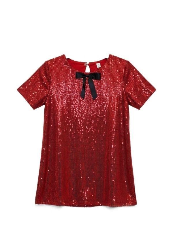 Kız Çocuk Yarım Kollu Fiyonk Detaylı Pul Payet Elbise