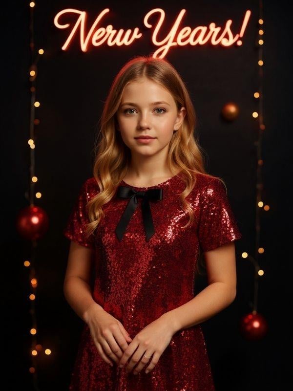 Kız Çocuk Yarım Kollu Fiyonk Detaylı Pul Payet Elbise