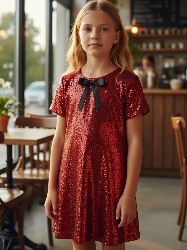 Kız Çocuk Yarım Kollu Fiyonk Detaylı Pul Payet Elbise