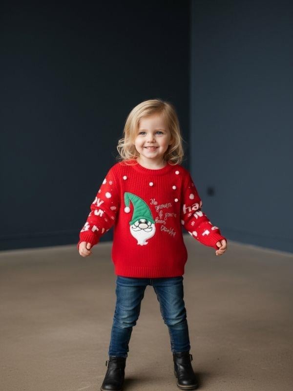 Kız Çocuk Yılbaşı Temalı Noel Babalı Kırmızı Kazak