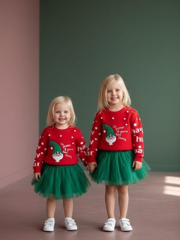 Kız Çocuk Yılbaşı Temalı Noel Babalı Kırmızı Kazak