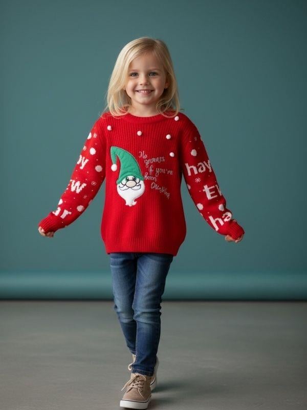 Kız Çocuk Yılbaşı Temalı Noel Babalı Kırmızı Kazak