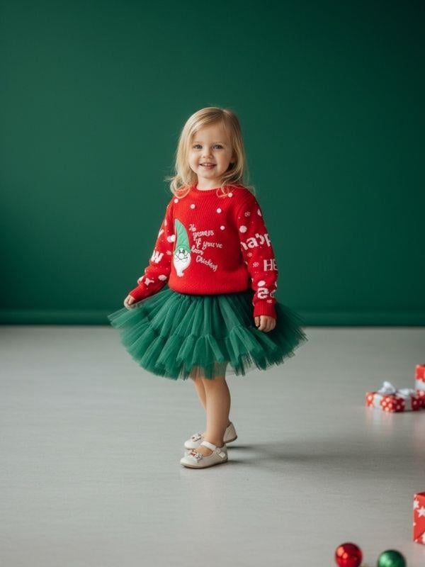 Kız Çocuk Yılbaşı Temalı Noel Babalı Kırmızı Kazak
