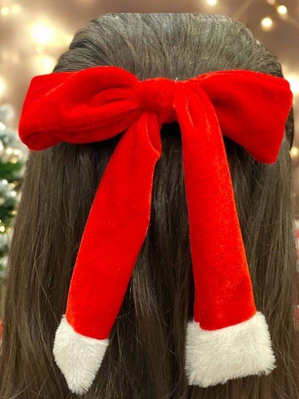 Kız Çocuk Yılbaşı Temalı Püsküllü Kadife Kumaş Sallantılı Fiyonk Toka