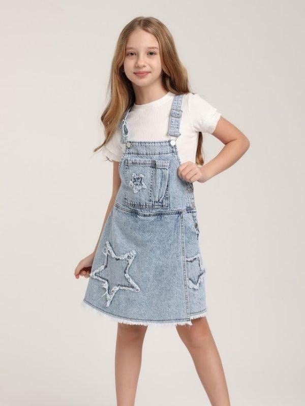 Kız Çocuk Yıldız Desenli Kot Şort Etek Salopet