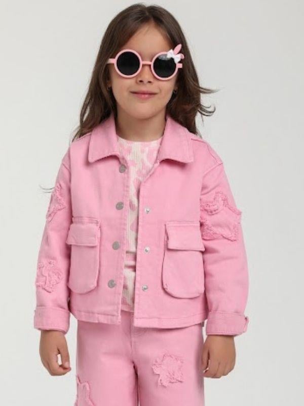 Kız Çocuk Yıldız İşlemeli Cep Detaylı Tasarım Pembe Kot Ceket