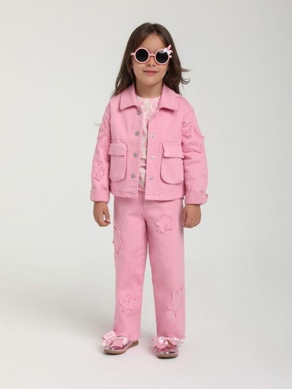 Kız Çocuk Yıldız İşlemeli Cep Detaylı Tasarım Pembe Kot Ceket