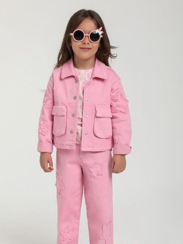 Kız Çocuk Yıldız İşlemeli Cep Detaylı Tasarım Pembe Kot Ceket
