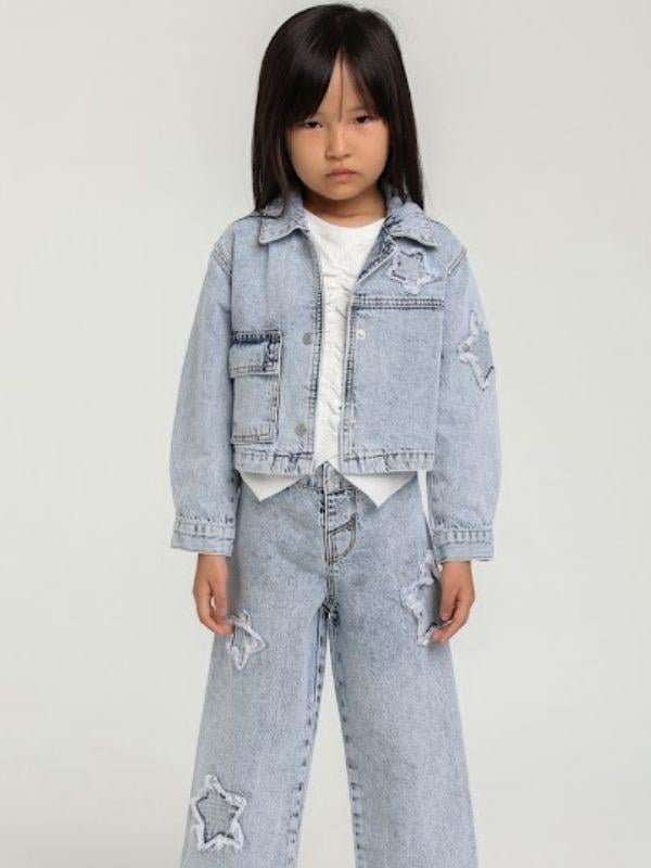 Kız Çocuk Yıldız İşlemeli Cepli Kot Ceket