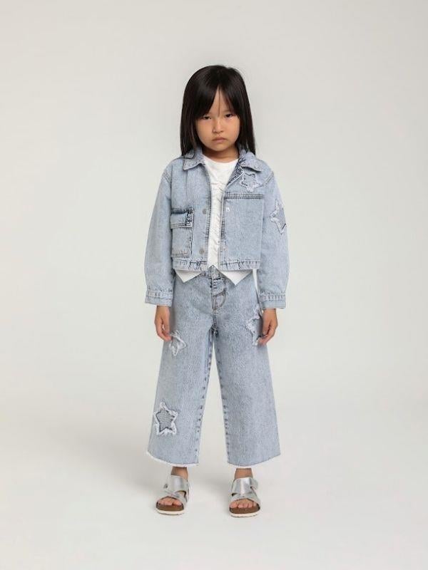 Kız Çocuk Yıldız İşlemeli Cepli Kot Ceket