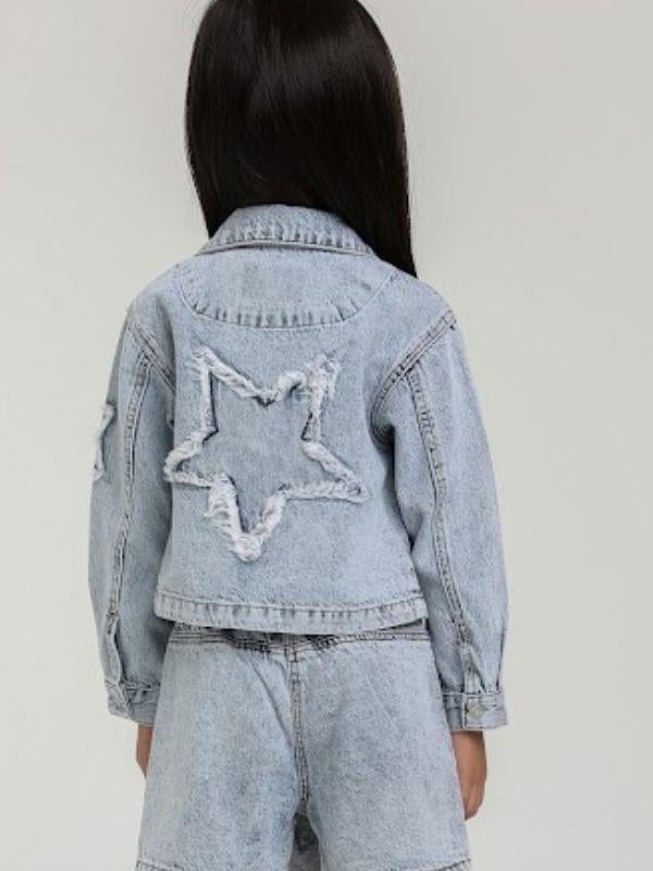 Kız Çocuk Yıldız İşlemeli Cepli Kot Ceket