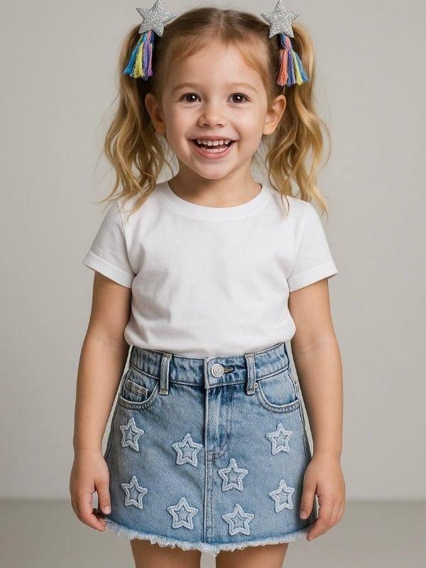 Kız Çocuk Yıldız İşlemeli Kot Etek