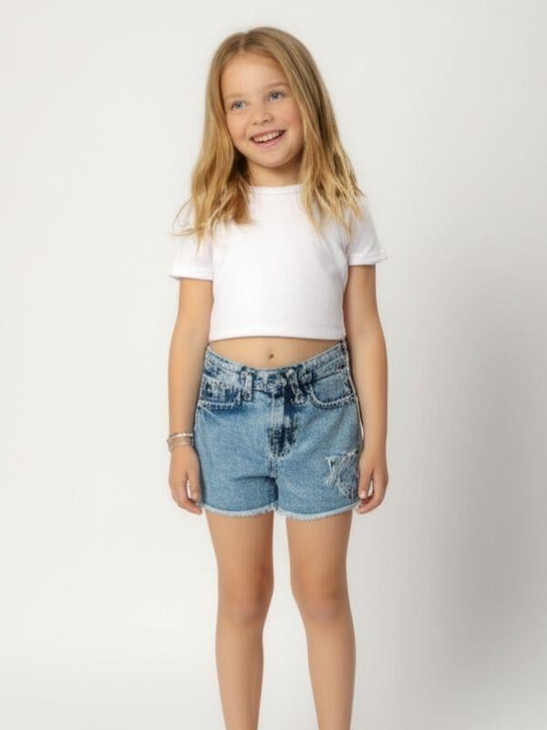 Kız Çocuk Yıldız İşlemeli Kot Şort